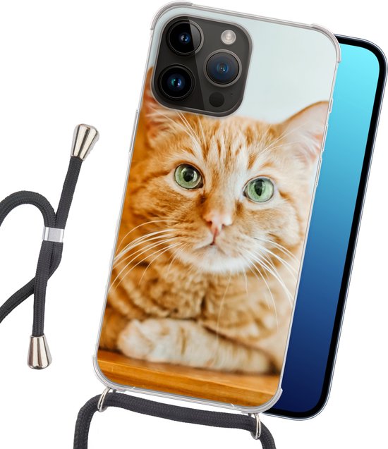 Étui de téléphone adapté à Apple Iphone 14 Pro - Chat - Bois - Étui - Siliconen - Bandoulière - Coque arrière avec cordon - Étui de téléphone avec cordon - Étui avec corde