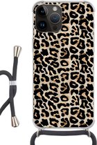 Étui de téléphone adapté à Apple Iphone 14 Pro Max - Imprimé léopard - Marron - Luxe - Siliconen - Bandoulière - Coque arrière avec cordon - Étui de téléphone avec cordon - Étui avec corde