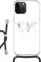 Geschikt voorApple Iphone 14 Pro Max - Crossbody Case - Wereldkaart - Marmer print - Wit - Siliconen - Crossbody - Backcover met Koord - Telefoonhoesje met koord - Hoesje met touw