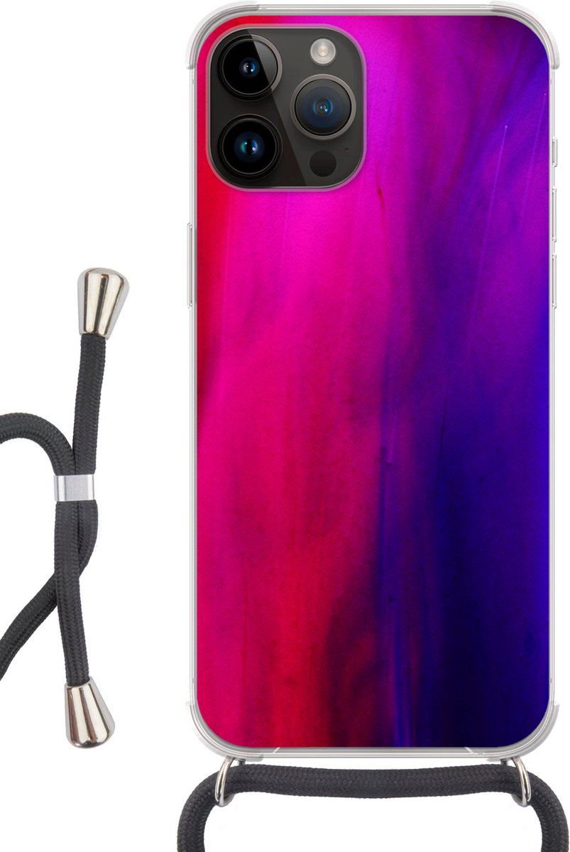 Telefoonhoesje Geschikt voor Apple Iphone 14 Pro Max - Kleurstof - Roze - Paars - Abstract - Siliconen - Crossbody - Backcover met Koord - Telefoonhoesje met koord - Hoesje met touw Telefoonhoesje