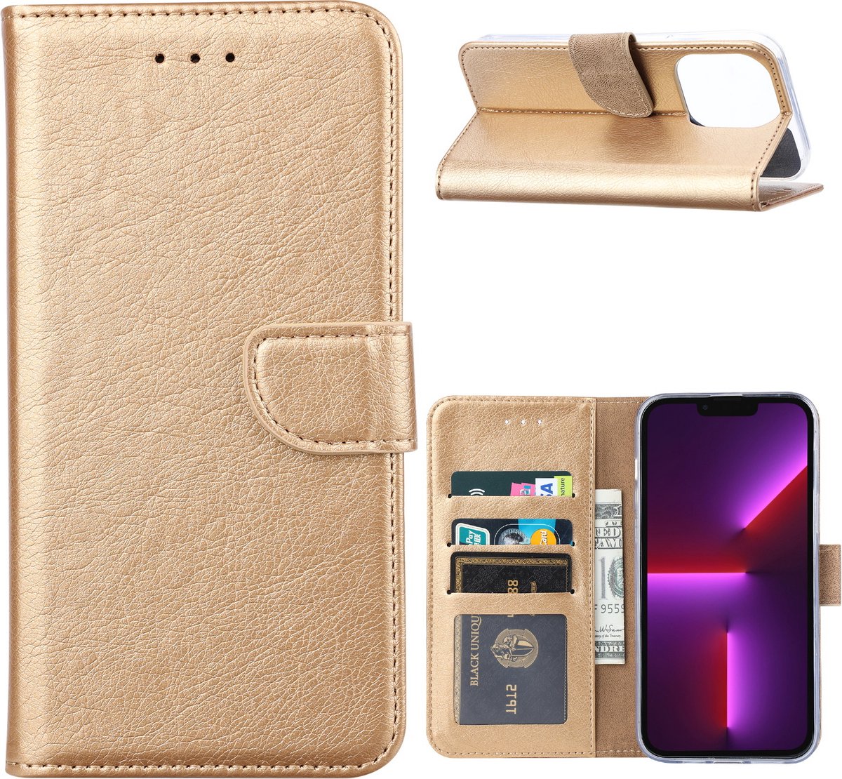 Hoesje Geschikt voor iPhone 14 Plus portemonnee Bookcase – Goud
