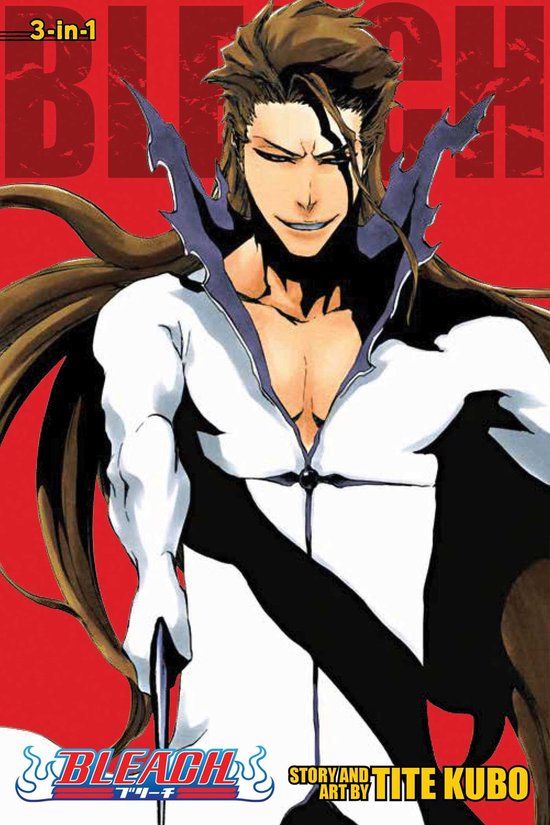 Couverture de livre : "Bleach 3-en-1" avec Sōsuke Aizen dans un costume blanc aux accents violets, debout sur fond rouge.