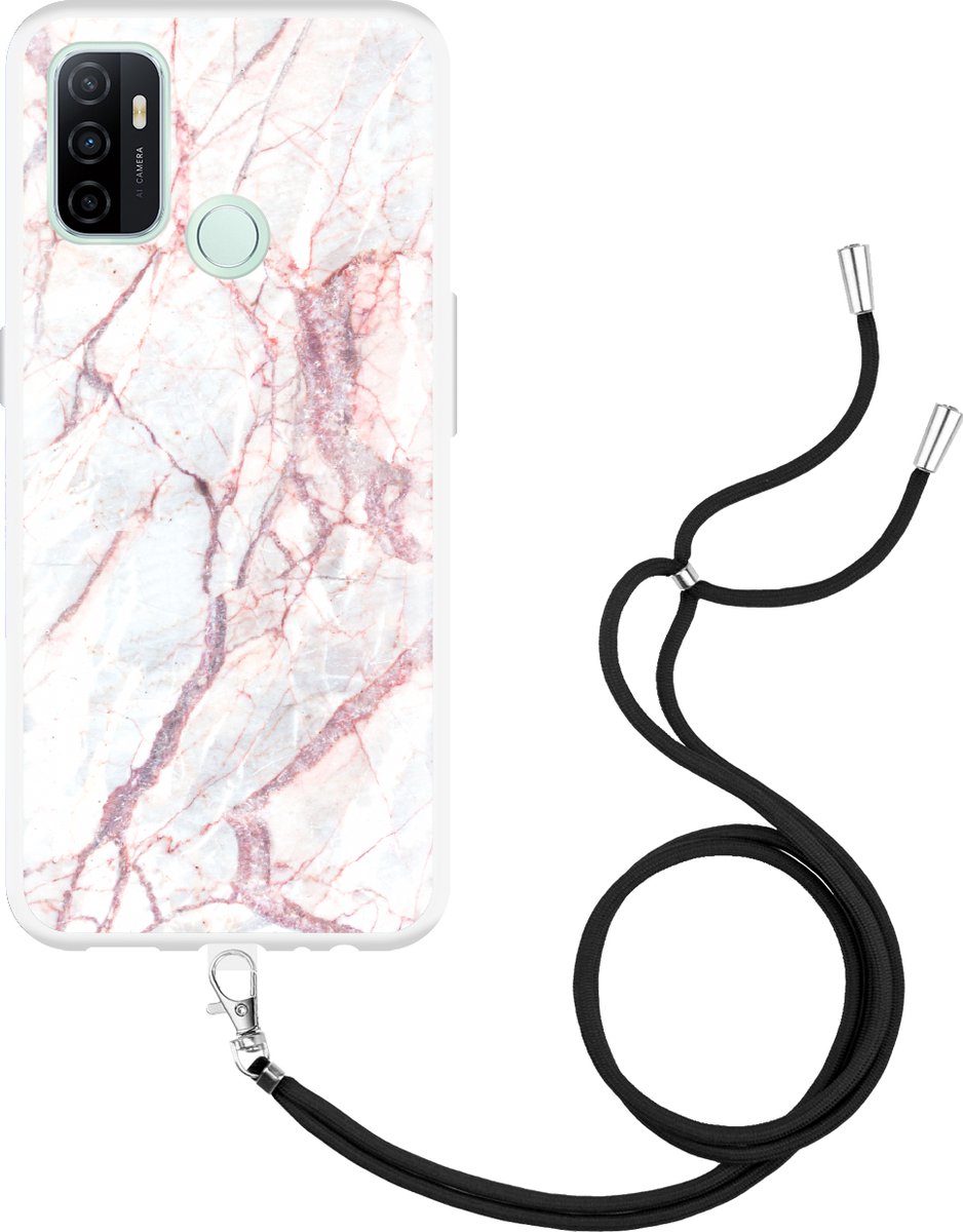 Oppo A53/A53s Hoesje met Koord White Pink Marble - Designed by Cazy
