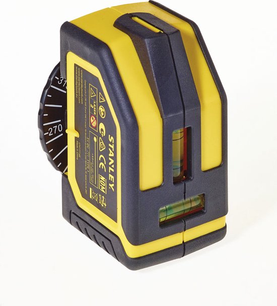 Gele en zwarte Stanley laserwaterpas met informatie en draaiwiel.