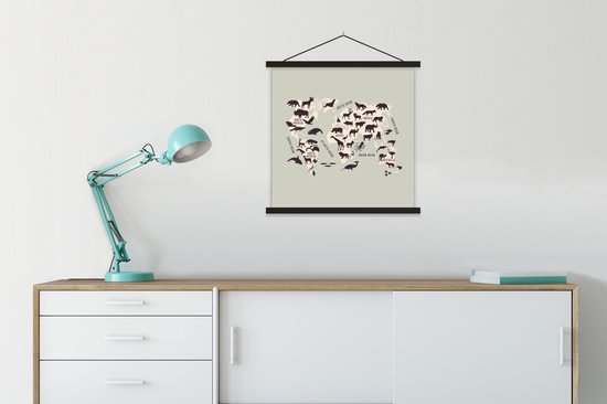 Wereldkaart Enfants - Animaux - Beige - 60x60 cm - Affiche scolaire