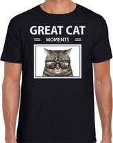 Dieren foto t-shirt grijze kat - zwart - heren - great cat moments - cadeau shirt katten liefhebber L