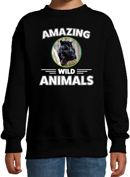 Sweater panter - zwart - kinderen - amazing wild animals - cadeau trui panter / zwarte panters liefhebber 110/116