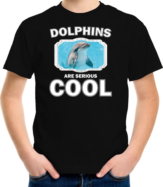 Dieren dolfijnen t-shirt zwart kinderen - dolphins are serious cool shirt jongens/ meisjes - cadeau shirt dolfijn/ dolfijnen liefhebber - kinderkleding / kleding 122/128