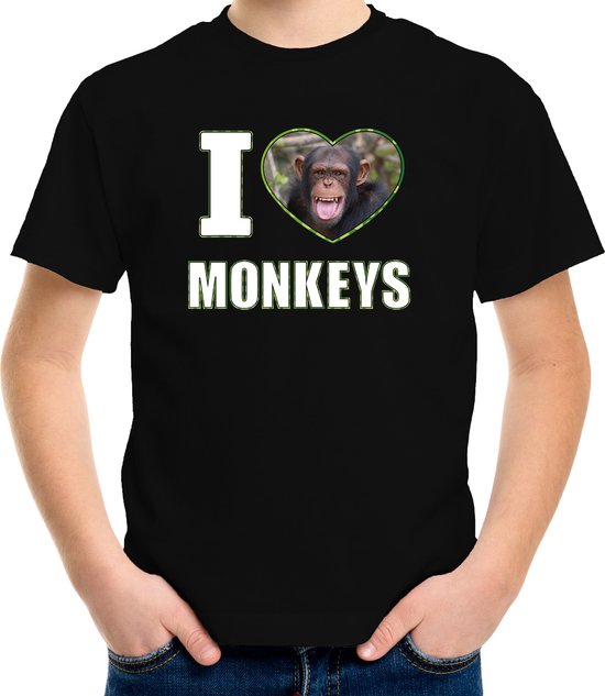 I love monkeys t-shirt met dieren foto van een Chimpansee aap zwart voor kinderen - cadeau shirt apen liefhebber - kinderkleding / kleding 146/152