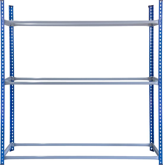 Blauw rek met 2 grijze legborden, 180 x 40 cm.