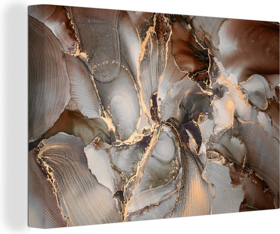 Toile Peinture Grijs - Goud - Marbre - 140x90 cm - Décoration murale