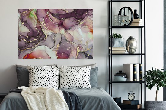 Tableau sur toile Marbre - Rouge - Violet - Or - 140x90 cm - Décoration murale