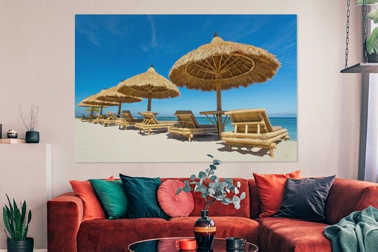 Canvas schilderij 150x100 cm - Wanddecoratie Strandstoel - Strand - Parasol - Zee - Zomer - Muurdecoratie woonkamer - Slaapkamer decoratie - Kamer accessoires - Schilderijen