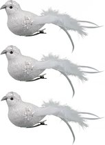 12x stuks decoratie vogels op clip glitter wit 18 cm - Decoratievogeltjes/kerstboomversiering/bruiloftversiering