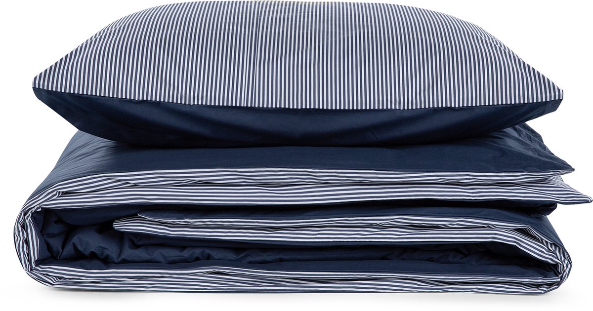 Overtrekset percal katoen striped deep blue | Overtrekset | 260x220cm + 2/60x70cm | Blauw | Van Morgen