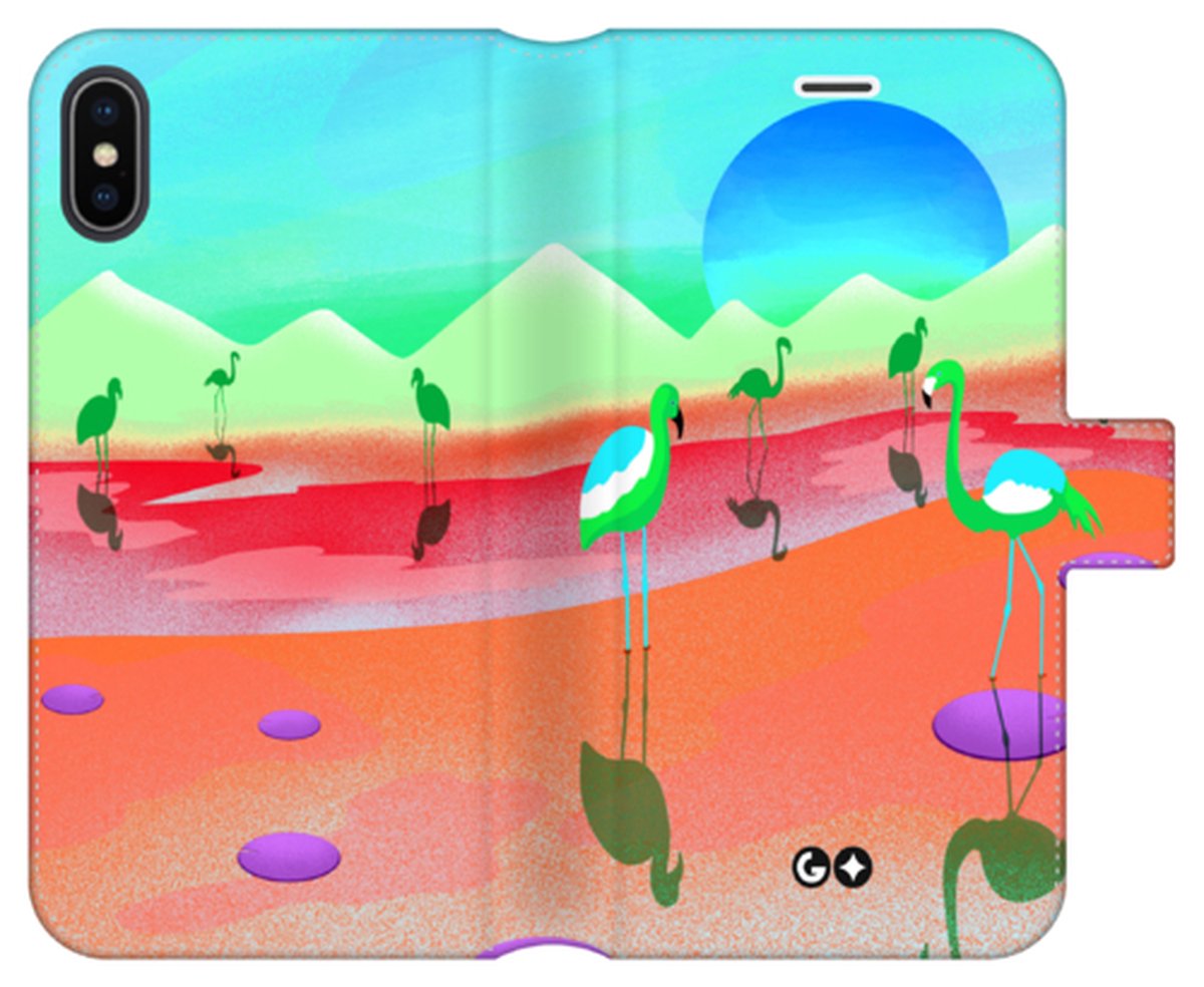 Telefoonhoesje geschikt voor Apple iPhone XS - Portemonneehoesje - met pasjeshouder en magneetsluiting - Dierencollectie - Flamin' Flamingos - Oranje
