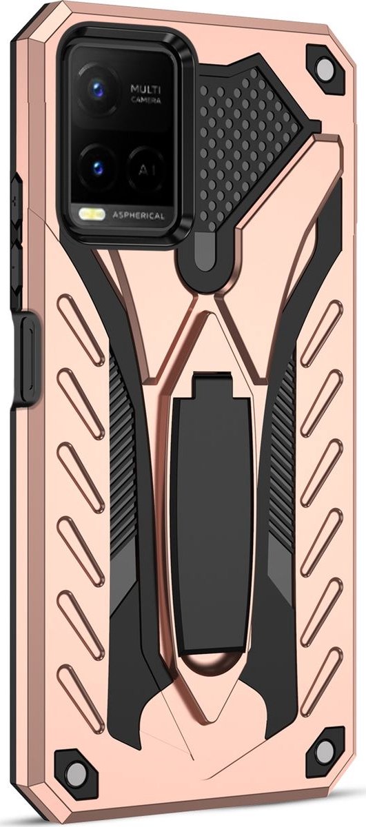 Mobigear Hoesje geschikt voor Vivo Y33s Telefoonhoesje Hardcase | Mobigear Armor Stand Backcover Shockproof met Standaard | Schokbestendig Y33s Telefoonhoesje | Anti Shock Proof - Roségoud