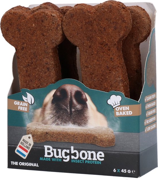 Bugbone - Hondensnack met insecteneiwit - Gezond, lekker en makkelijk verteerbaar - Reinigt het gebit - Laag in calorieën – Hypoallergeen – Graanvrij - Geschikt voor honden - Large - 6 x 45 gram