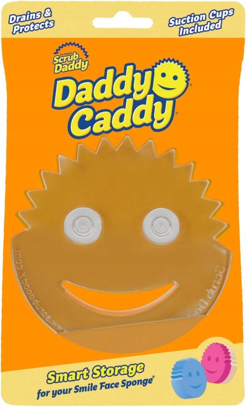 Oranje Scrub Daddy Daddy Caddy met smiley-gezicht, inclusief zuignappen voor slimme opslag van je spons.