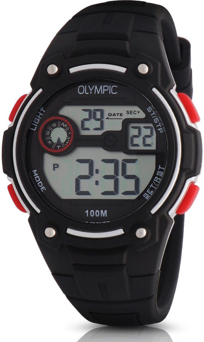Olympic OL45HKR014 Digital Horloge - Voor Kinderen - Mineraalglas - Kunststof - Zwart - 35 mm breed - Quartz - Gesp - 10 ATM (zwemmen)
