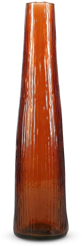 Oranje glazen vaas met een slanke, taps toelopende vorm en een textuur die doet denken aan takjes.