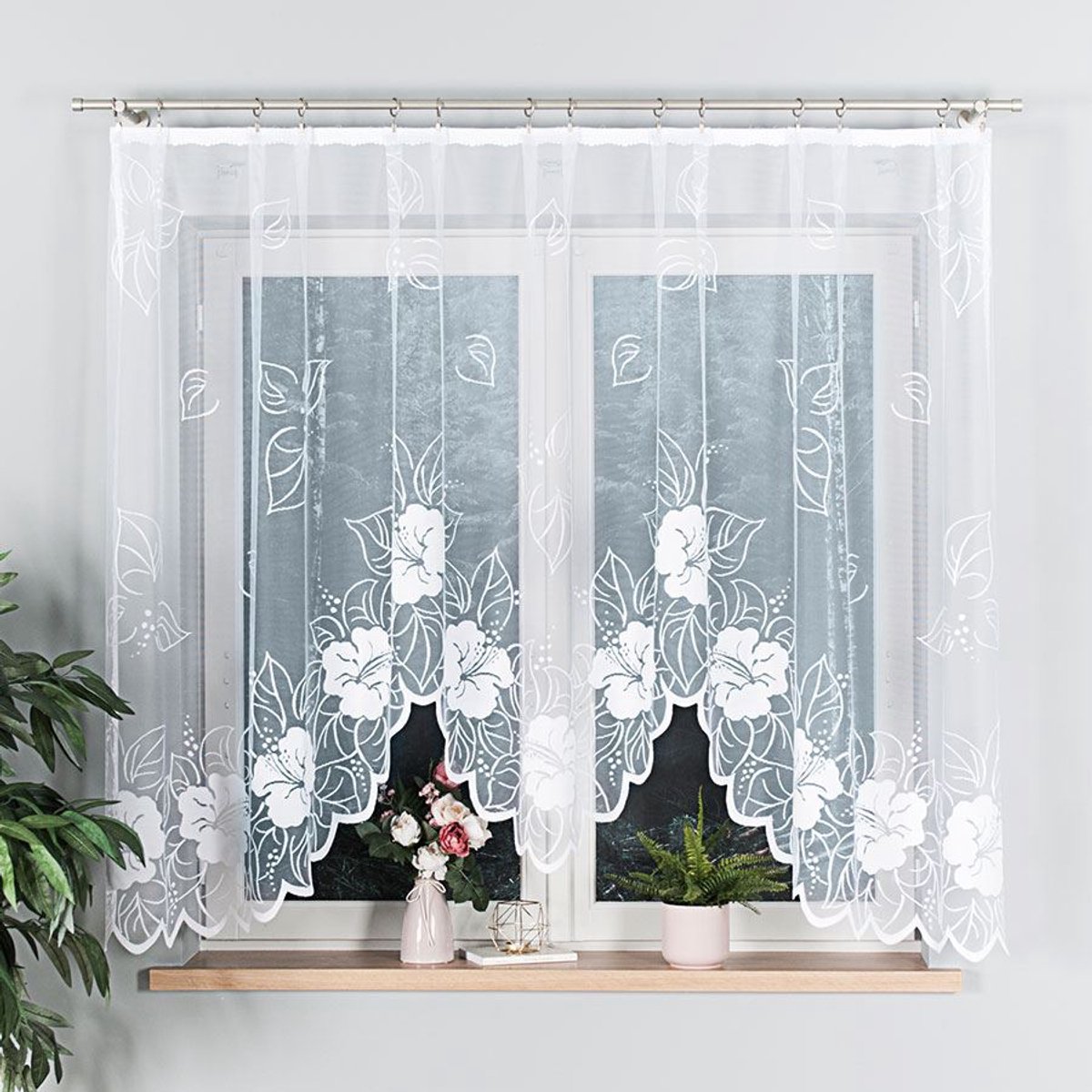 Markizeta Gracjana - Jacquard Gordijn - 300x160 cm - Elegant Bloemen - Decoratief Kanten Rand Wit