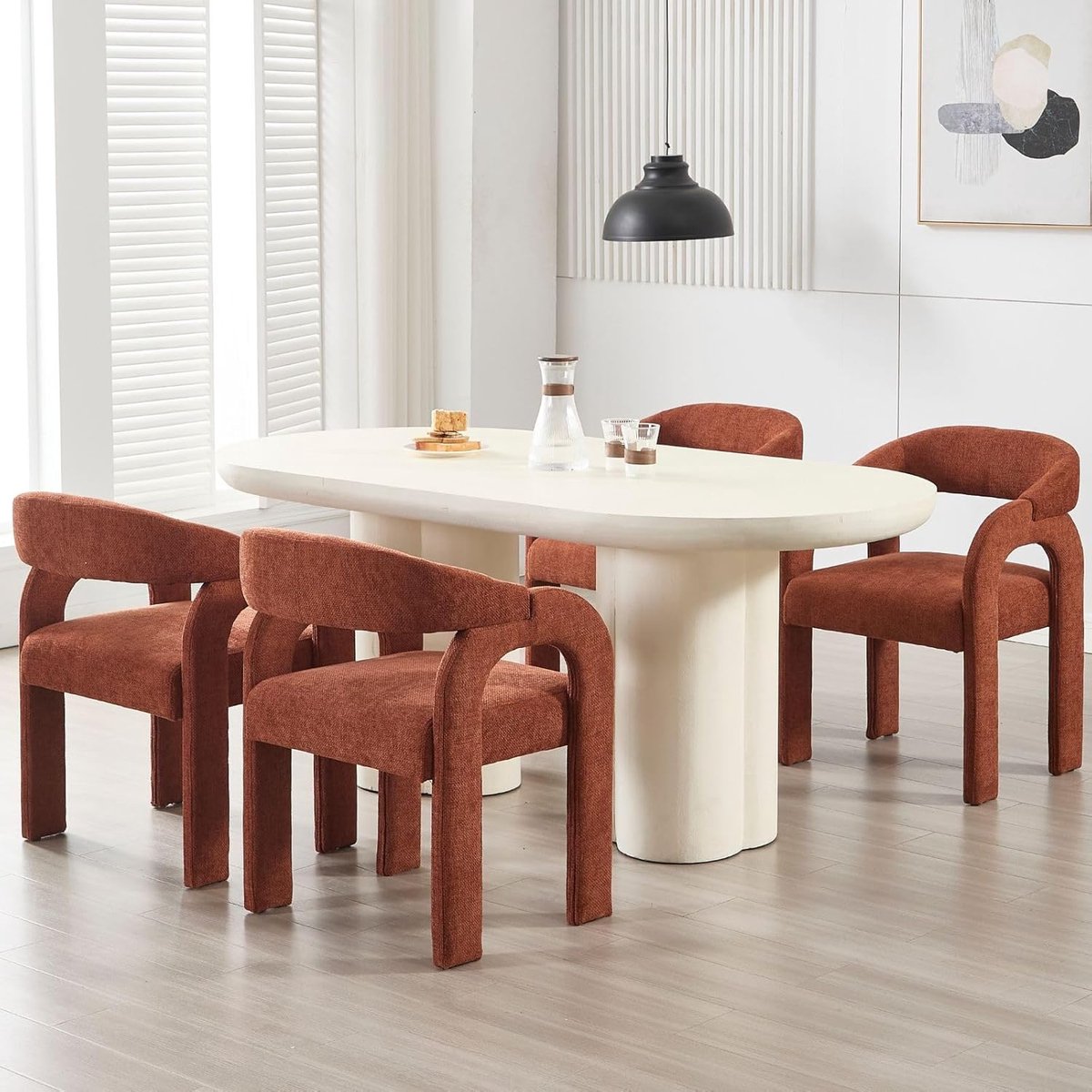 Eetkamerstoel Set van 4 – Novihome Nordic Chenille Stoelen met Gebogen Rug en Armleuningen – Scandinavische Design Keukenstoelen, Loungestoelen voor Eetkamer, Woonkamer, Keuken – Oranje Gestoffeerd