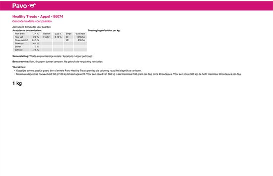 Verpakking van Pavo healthy TREATS Appel 1kg met analyses en voedingsadvies.