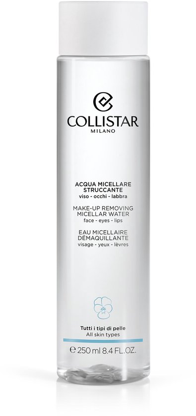 Collistar Make-Up Removing Micellar Water, 250 ml. Transparante vloeistof in een slanke fles met witte dop en bloemdetail.