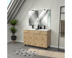 Meuble Salle de Bains 120cm 4 Portes Chêne Naturel + Vasque Blanche et Miroirs avec appliques Led
