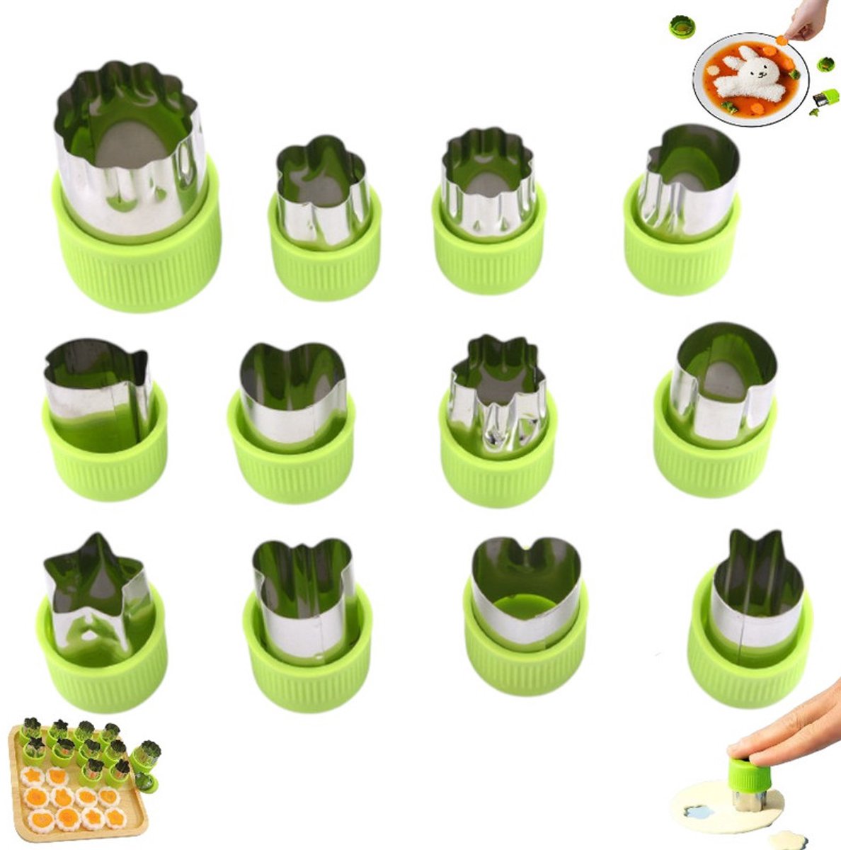 12 stuks - Groentesnijderset - groentesnijderset - Bloemvormige groente- en fruitsnijder - Groen - eschikt voor fruit/kaas/ham - mini koekjesvormpjes - roestvrijstalen bloemvormige snijder - Leuke Fruitsnijder Lunchbox Accessoire