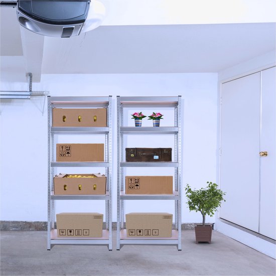 Twee AREBOS stellingkasten met dozen, een koffer en planten, in een garage.