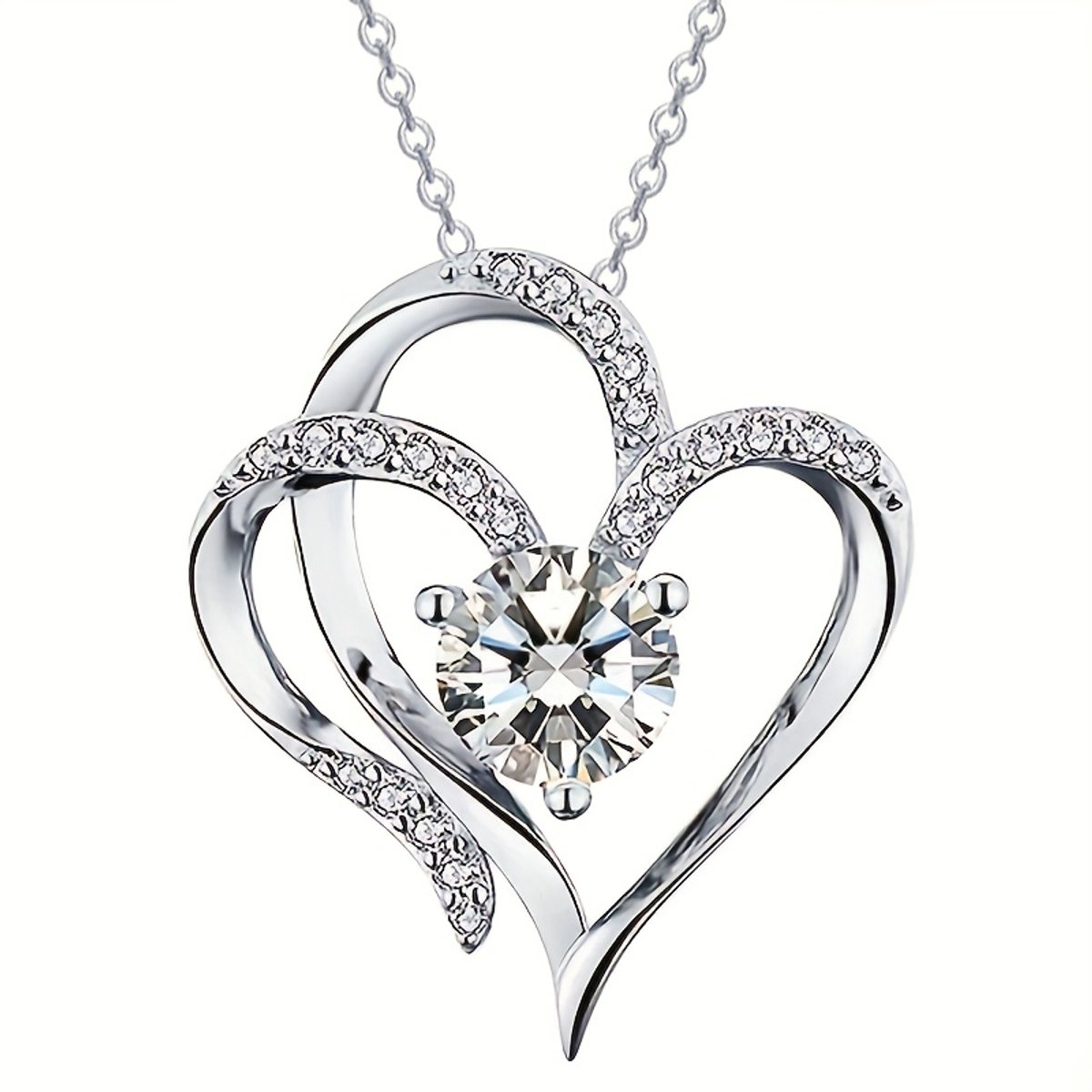 Sjika - Zilverkleurige Dubbel Hart Ketting met Kristal – Luxe Hartjes Hanger – Romantische Dames Ketting – Perfect Cadeau