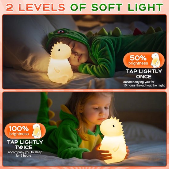 Dinosaurs nachtlampje voor kinderen, siliconen lamp met warm licht, dimbaar, progressief en 7 kleuren licht, USB oplaadbaar aanraak-nachtlampje, draagbaar nachtlampje voor kinderen [Energieklasse A] — afbeelding 5