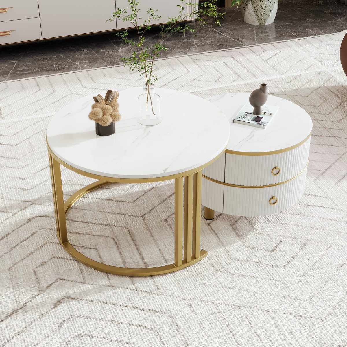 REDOM Set van 2 salontafels, rond, 70x70x46 cm + 50x50x40 cm van MDF en metaal, marmerpatroon en hoogglans Wit