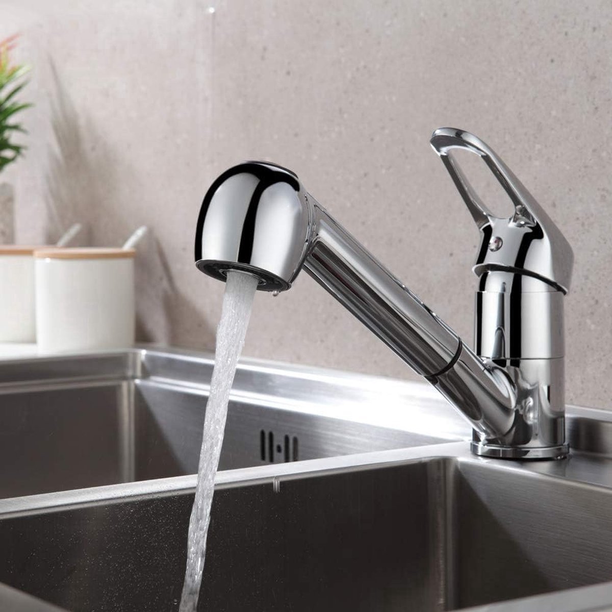 Stunq® Eengreeps keukenkraan met 2 straalsoorten, afdruiprek waterkraan, keuken, uittrekbare spoelbakarmatuur, armatuur met 360 graden draaibaar, chroom, eenhandsmengkraan voor keuken