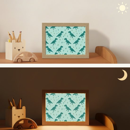 Nachtlampje 20x15 cm - Kinder lampje - Donkergroen - Dinosaurussen - Afdrukken - Bladeren - Tafellamp kinderkamer - Slaapkamer lamp - Bedlamp kinderen - Kinderlampje stopcontact - Wandlamp babykamer - Nachtlampjes van Merkloos — afbeelding 4