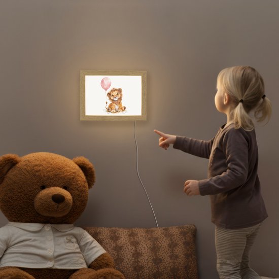Nachtlampje 20x15 cm - Kinder lampje - Leeuw - Baby dier - Dieren - Roze ballon - Tafellamp kinderkamer - Slaapkamer lamp - Bedlamp kinderen - Kinderlampje stopcontact - Wandlamp babykamer - Nachtlampjes van OnlyWow — afbeelding 5