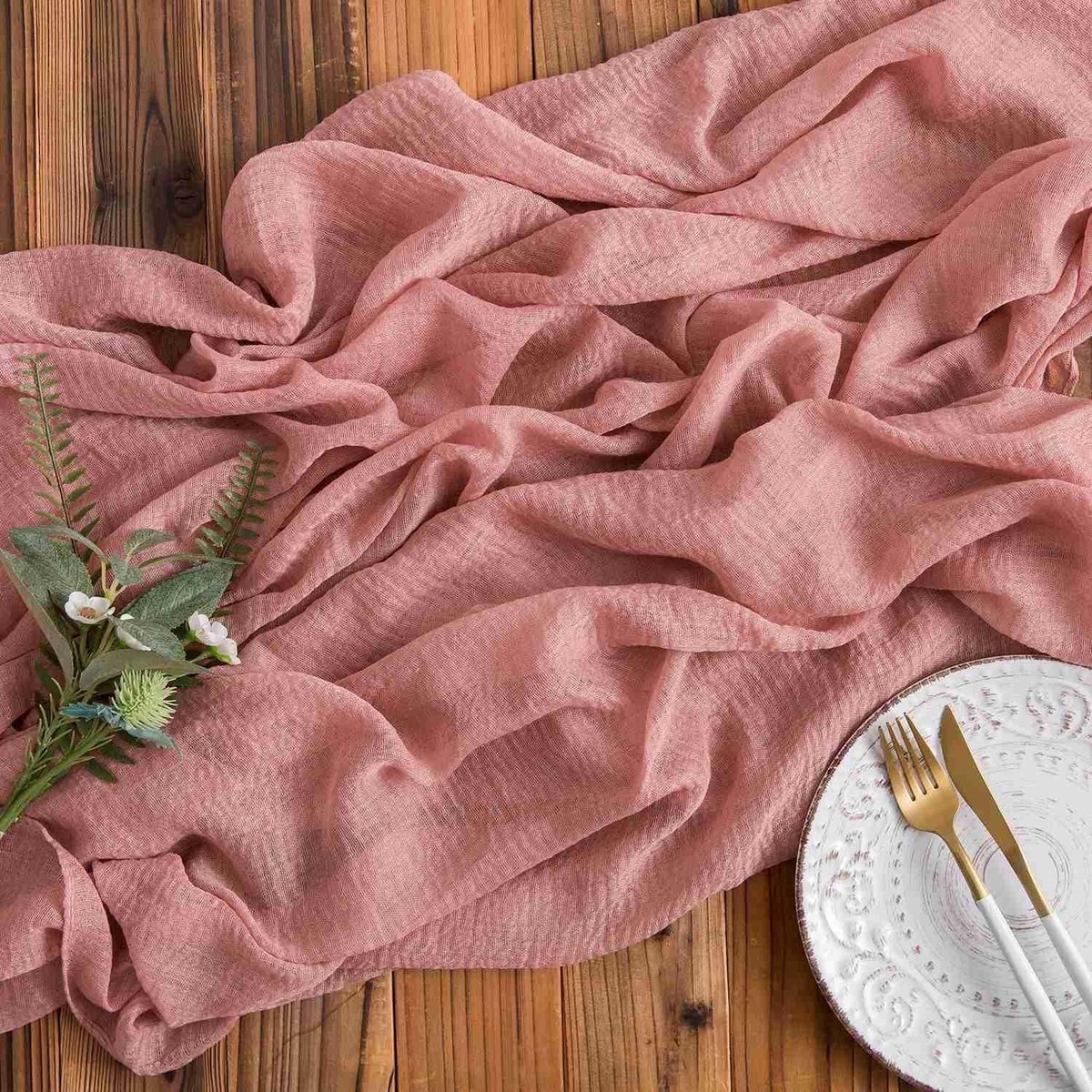 Stunq® Tafelloper oudroze rustieke tafelloper mousseline tafelloper bruiloft boho 3m x 80cm wasbaar