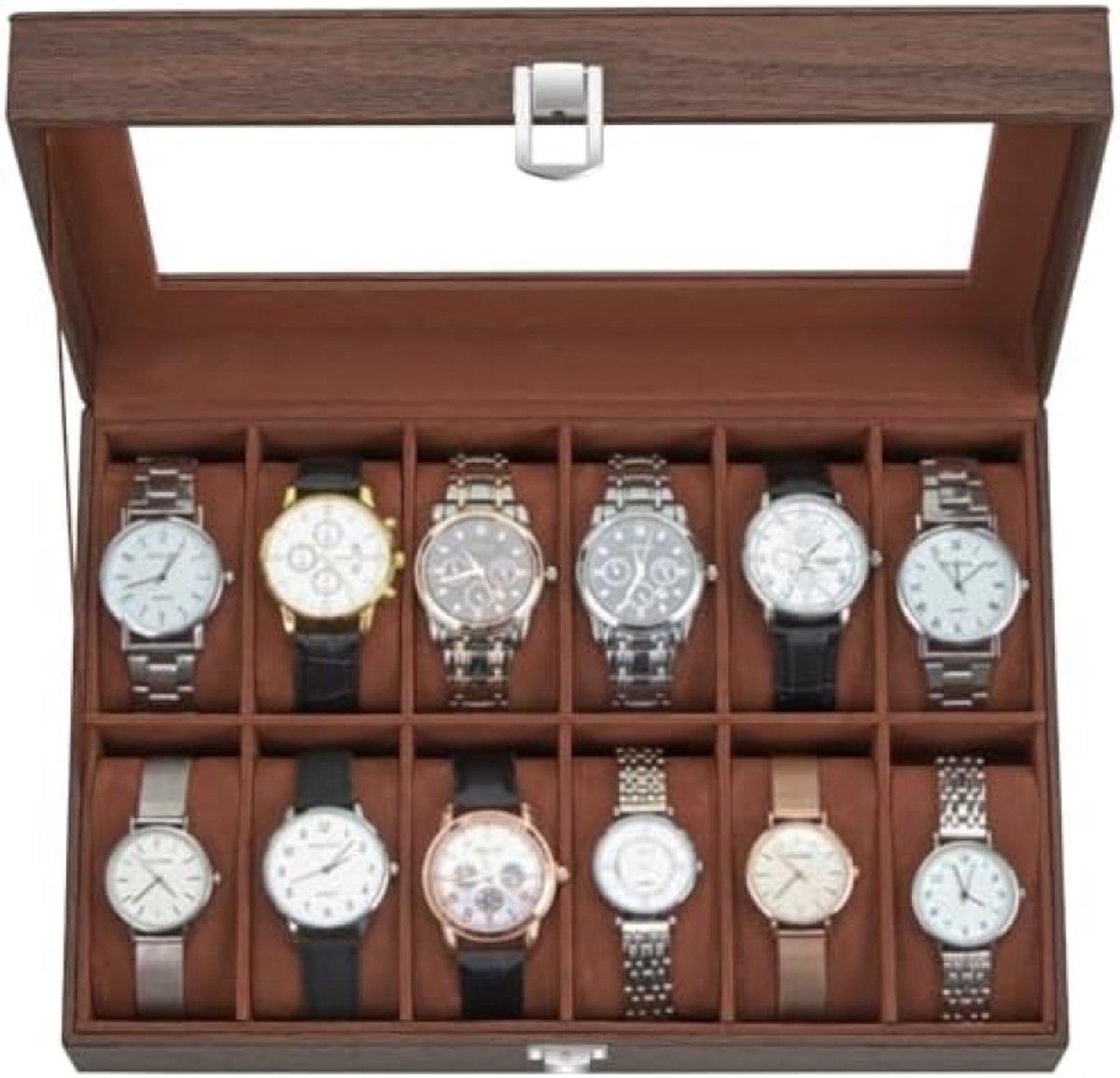 PromoHome Horlogebox met 12 vakken - Elegante opbergoplossing met glazen deksel