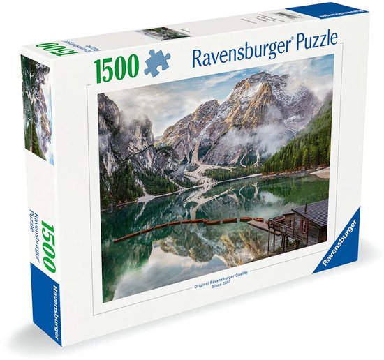 Doos van een 1500-delige Ravensburger puzzel met een berglandschap met een meer en boten.
