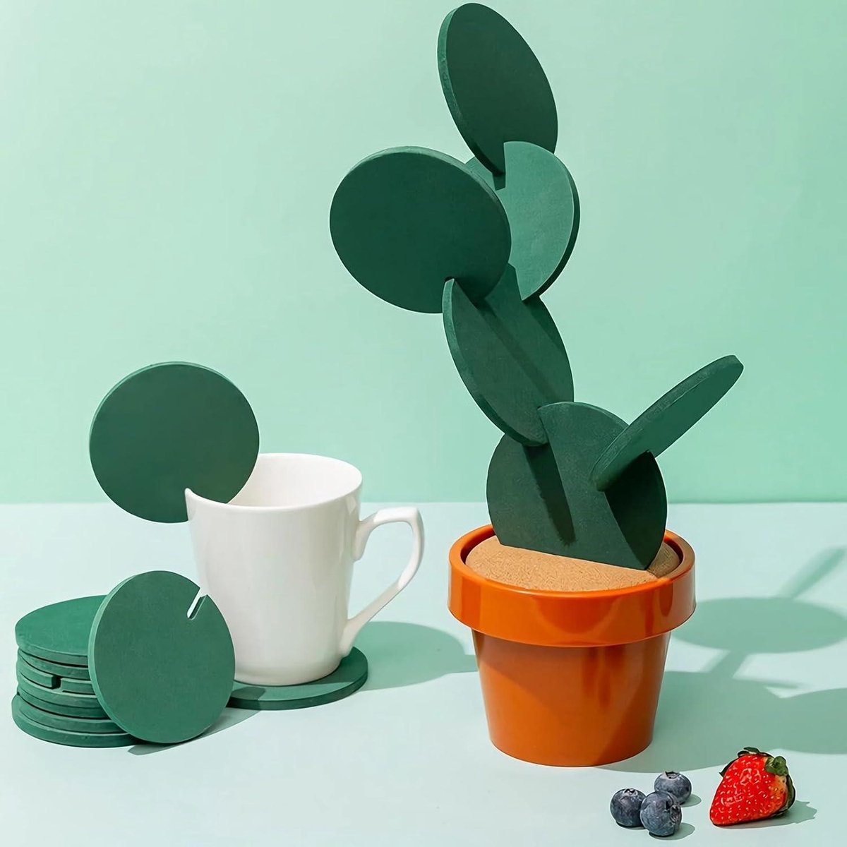 Onderzetters in cactusdesign bloempot - set van 6 - voor keuken, tafel, bar