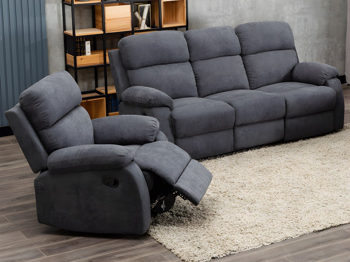 Vente-unique Relaxzitbank en -fauteuil van stof met handmatig mechanisme TOLZANO - Antraciet Antracietgrijs