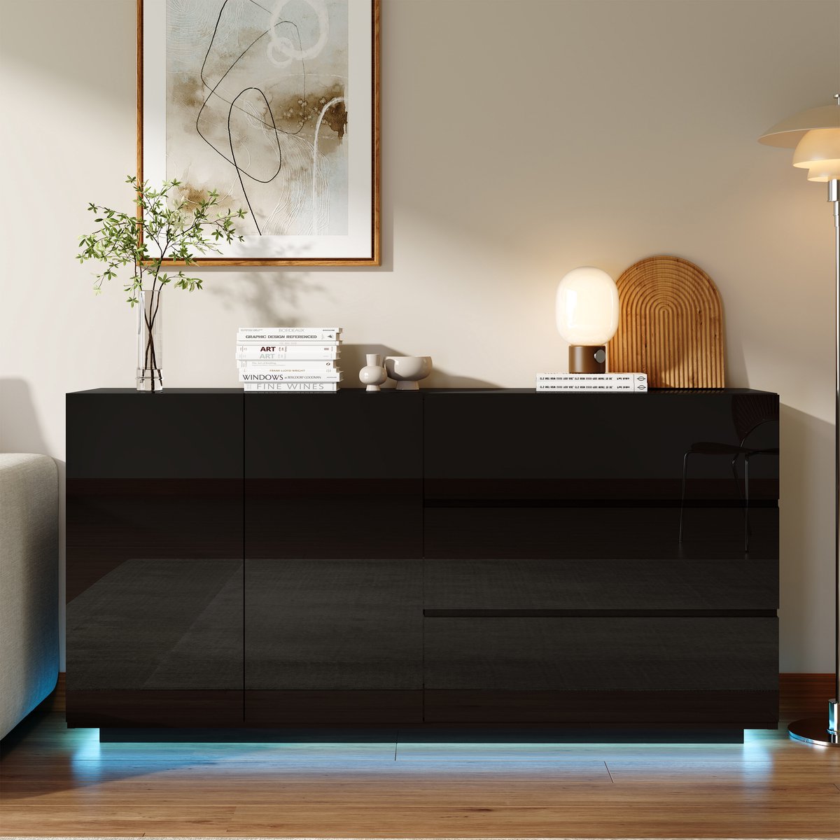 Modern Hoogglans Dressoir met LED Verlichting – Sideboard & TV-Meubel met Lades en Deuren
