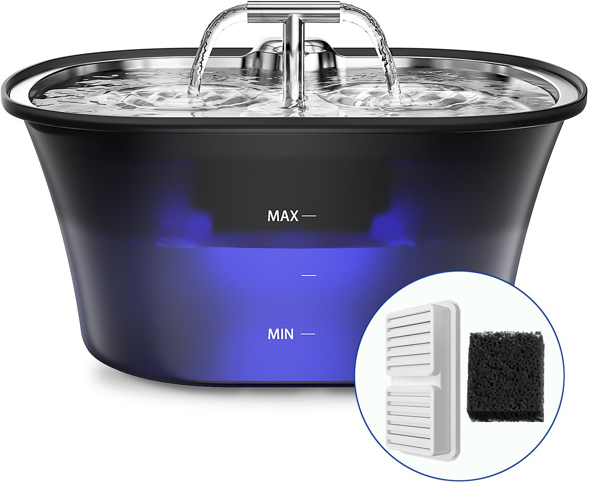 Balimo® Drinkfontein Kat en Hond - 2.5 L - RVS - Waterfontein met Venster - Dubbele wateruitlaat - Waterdispenser - LED - Kattenfontein - Incl filter - Fluisterstil
