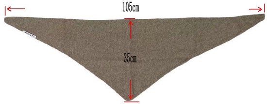 Bruine driehoekige sjaal met afmetingen 105cm x 35cm.