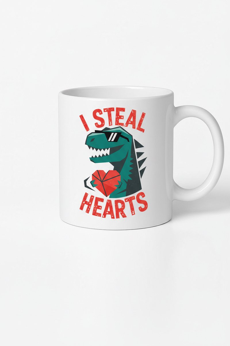 Grappige T-Rex Mok 'I Steal Hearts' - Dinosaurus met Zonnebril en Hart Cadeau