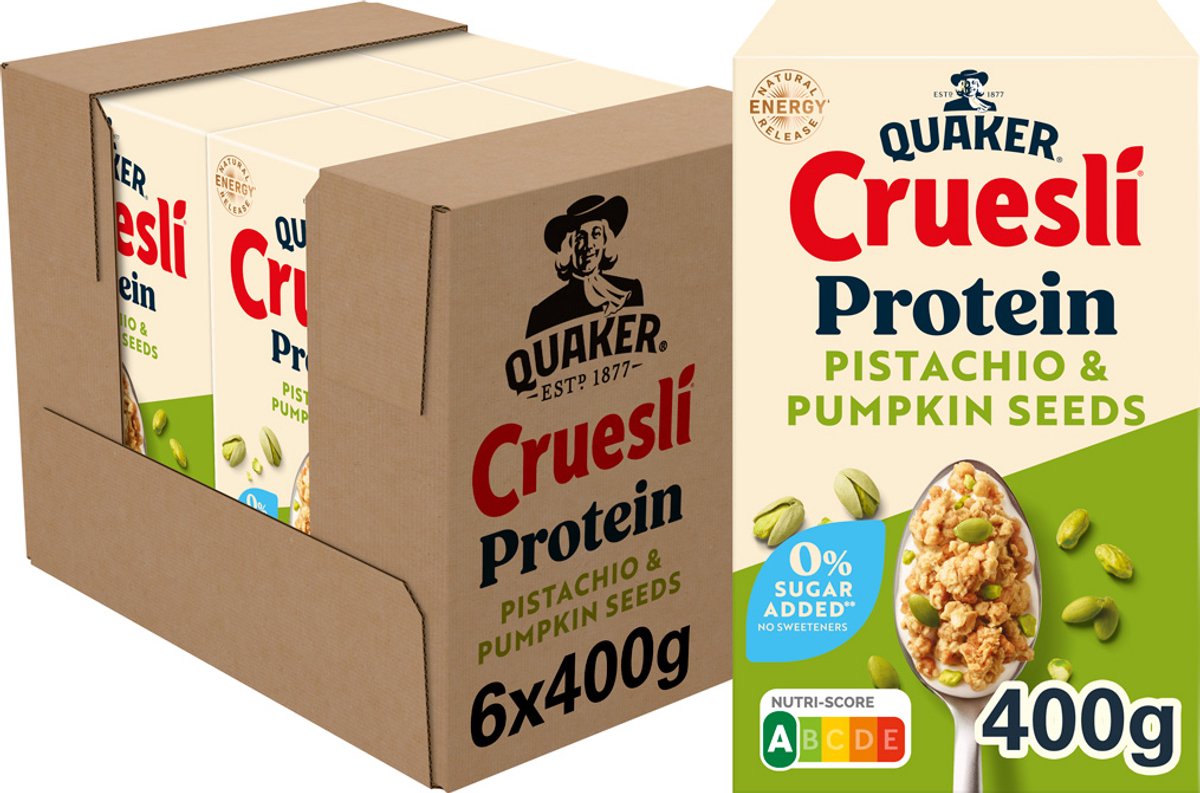 Quaker cruesli protein zero sugar added pistachio & pumpkin seeds 6 x 400 gr
