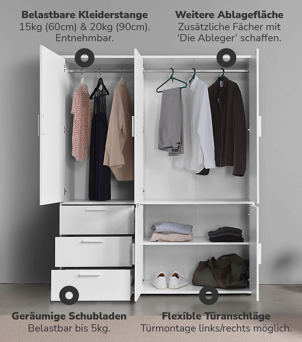 mokebo Kledingkast (150x187 cm) van hout in Zwart 5 deuren & 3 lades 'Der Grenzenlose' slaapkamerkast modulair & combineerbaar, garderobekast, halkast, draaideurkast, kast Wit