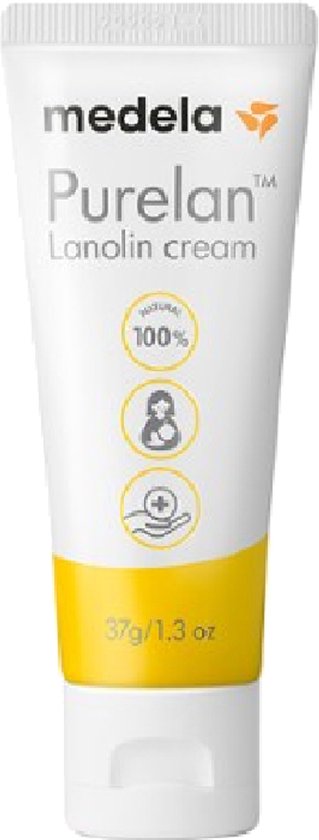 Medela Purelan lanoline crème 37g/1.3 oz tube met een druppel crème.